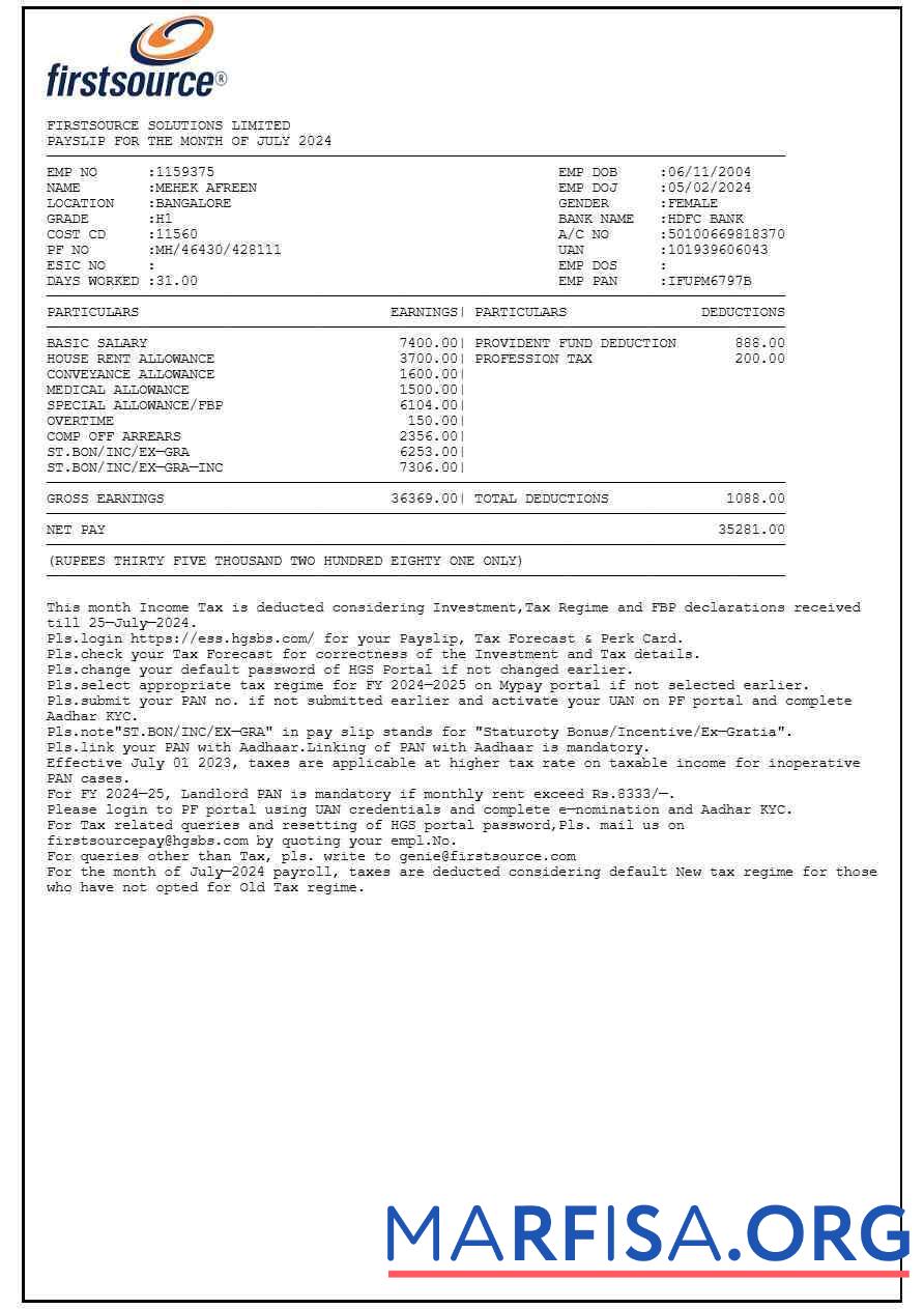 Printable Firstsource Solutions payslip download for verification